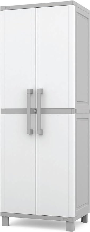 Keter Storage Cabinet with Doors and Shelves for Laundry Room, Garage, Bathroom Accessories, Closet and Home Organization, White & Grey