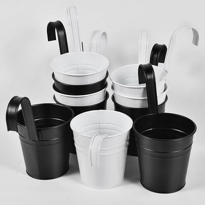 OBTANIM 12 Pack Metal Hanging Flower Pots Railing Planter Outdoor Fence Hanging Bucket Plant Holder with Detachable Hooks Drain Holes for Home Garden Yard Decor (Black and White, 4 x 4 Inch)