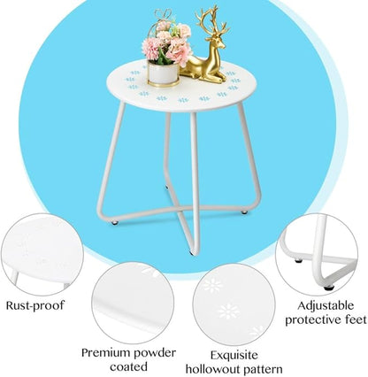 danpinera Outdoor Side Tables with Flower Cut Outs, Weather Resistant Steel Patio Side Table, Small Round Outdoor End Table Metal Side Table for Patio Yard Balcony Garden White