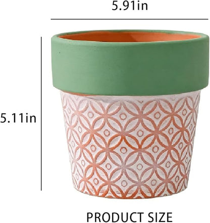 Terracotta Plant Pots Set of 2-5.9 Inch Vintage Pattern Clay Flowerpots with Green Rim & Drainage Holes, Decorative Terra Cotta Pots for Indoor Outdoor Garden Home Decor