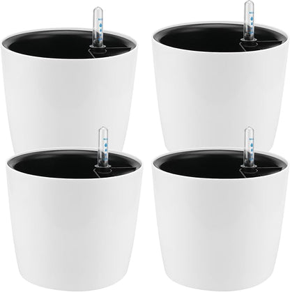 4 Pack 7 Inch Self Watering Planter for Indoor Plants, White Decorative Round Plastic Self Watering Pots with Level Indicators for Soil Planting, Flowers, Herb, African Violet, Succulent