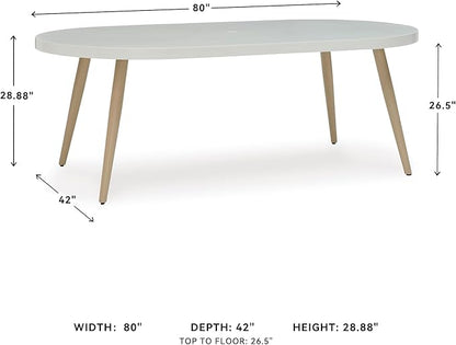 Signature Design by Ashley Seton Creek Casual Aluminum Outdoor Dining Table with Umbrella Hole and Cover Cap, White & Light Brown