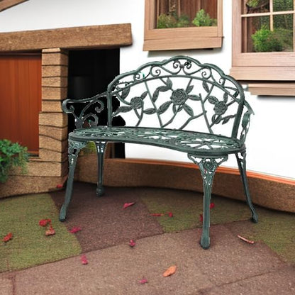 VINGLI 38.5" Patio Park Garden Outdoor Metal Rose Bench, 2-Person Cast Iron Cast Aluminium Frame Antique Finish Chair,Accented Lawn Front Porch Path Yard Decor Deck Furniture (Green, Rose)