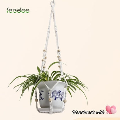 feedee Macrame Plant Hanger, Hanging Planters for Indoor Plants Holder with Wood Beads, Hanging Plant Holder for Indoor Outdoor, Gifts for Plant Lovers, Boho Home Decor Plant Hanger, Ivory