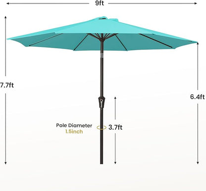 MEWAY 9ft Patio Umbrella Outdoor Table Umbrellas with Push Button Tilt and Crank, Market Umbrella 8 Sturdy Ribs for Deck, Garden, Pool and Backyard, Teal