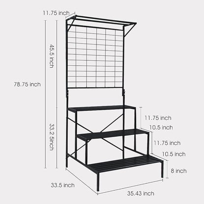 Zhongma 3 Tier Large Heavy Duty Plant Stand with wheels, Tall multi layer Plant Holder with Hanging Plant pot shelf, 35.43 x 33.27 x 80.7inch, Each Tier: 35.43 L x 10.5W, Easy to Hold Large Plant Pot
