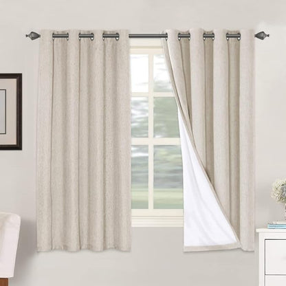 H.VERSAILTEX Linen Blackout Curtains 63 Inches Long, Full Blackout Thermal Insulated Textured Linen Look Curtain Draperies Anti-Rust Grommet with White Liner, 2 Panels, Natural