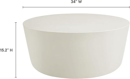Modway Brion 34 Inch Round Concrete Coffee Table – Indoor/Outdoor Tapered Cylinder Coffee Table – Low Center Table for Living Room or Patio in White