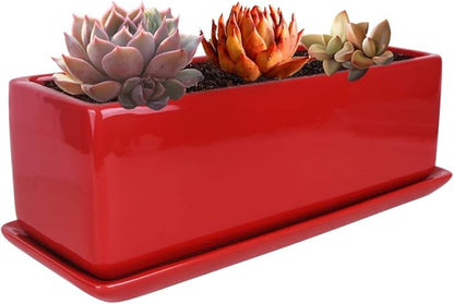 Vencer 12 Inch Rectangular Modern Minimalist Ceramic Succulent Planter Pot - Window Box with Saucer,Office Desktop Potted Stand,Red,VF-0135R