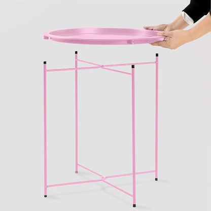 Garden 4 you End Table 2 PCS Metal Side Table Pink Round Folding Tray Cyan Sofa Small Accent Fold-able Table, Round End Table Tray, Next to Sofa Table, Snack Table for Living Room and Bed Room
