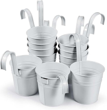 OBTANIM 12 Pack Metal Hanging Flower Pots Railing Planter Outdoor Fence Hanging Bucket Plant Holder with Detachable Hooks Drain Holes for Home Garden Yard Decor (White, 4 x 4 Inch)