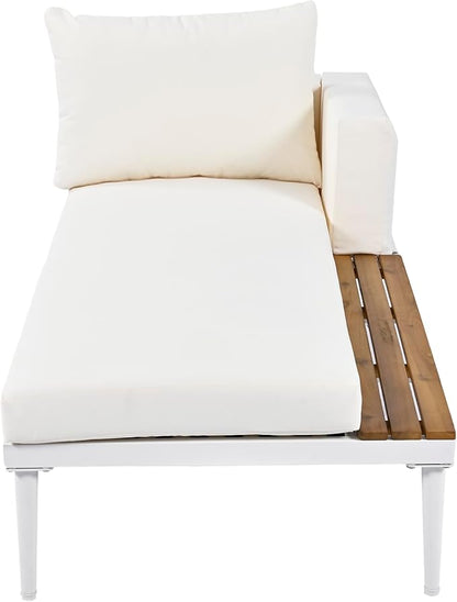 Outdoor Patio Metal Daybed with Wood Topped Side for Drinks, 2 in 1 Padded Chaise Lounge Chair with Cushions & Pillows, Outdoor Double Sun Lounger for Lawn Garden Poolside, Beige