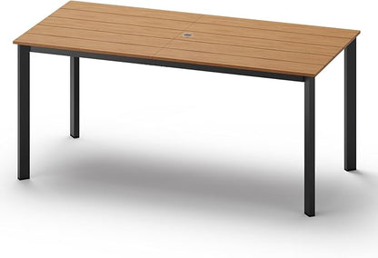 Outdoor Patio Dining Table, Aluminum & HDPS Outdoor Table with Umbrella Hole, All-Weather for Deck, Garden, Lawn, Backyard, Poolside (Gray & Teak)