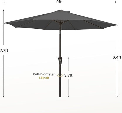 MEWAY 9ft Patio Umbrella Outdoor Table Umbrellas with Push Button Tilt and Crank, Market Umbrella 8 Sturdy Ribs for Deck, Garden, Pool and Backyard, Gray