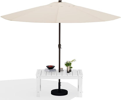 SERWALL Outdoor Coffee Table with 9FT Umbrella, HDPE Patio Coffee Table for Outside, Rectangle, White(Not Include Umbrella Base)