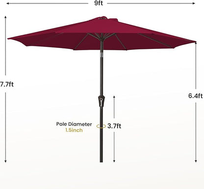 MEWAY 9ft Patio Umbrella Outdoor Table Umbrellas with Push Button Tilt and Crank, Market Umbrella 8 Sturdy Ribs for Deck, Garden, Pool and Backyard, Dark Red
