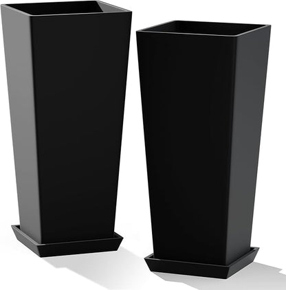 24" Set of 2 Tall Black Planters for Outdoor Plants, Large Flower Pots Planters with Drainage Holes & Tray, Modern Indoor Tapered Planter for Front Porch
