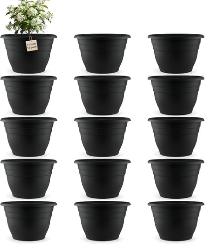 15 Pack 11 Inch Plant Pots with Drainage Holes,Black Plastic Flower Pots with Hanging Holes,Durable Planters for Indoor & Outdoor Plants,Nursery Pots