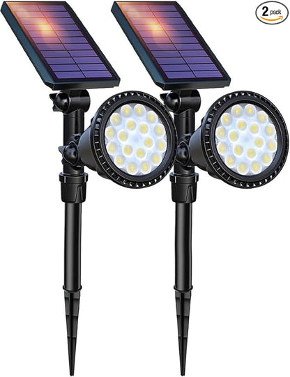 DBF Solar Spot Lights Outdoor Waterproof IP65, Cool White, 600LM High Bright, 2 Brightness Modes, 18 LED, Auto On/Off, Angel Adjustable for Flag Pole Garden Yard Patio Driveway Tree, 2 Pack