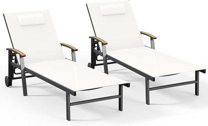 Ciokea Outdoor Lounge Chair with Pillow Set of 2, 5-Position Aluminum Chaise Lounge with Wheels & Armrests, 400 lbs Heavy Duty Patio Pool Chair for Backyard, Deck, Beach & Poolside, White