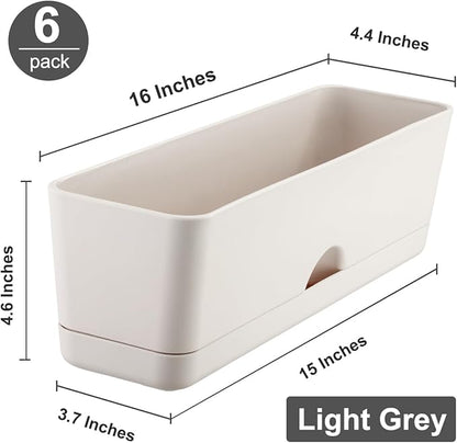 6 Pack Rectangle Planter 16x4.4 Inch Window Boxes Planters Rectangular Large Window Sill Planters Indoor Self Watering Plant Pots with Drainage Holes and Saucers Succulent Herb Flower Pots, Light Grey