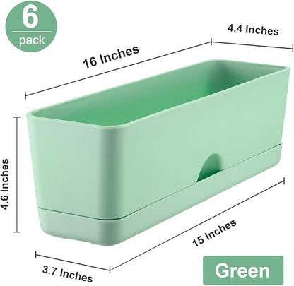 6 Pack Rectangle Planter 16x4.4 Inch Window Boxes Planters Rectangular Large Window Sill Planters Indoor Self Watering Plant Pots with Drainage Holes and Saucers Succulent Herb Flower Pots, Green