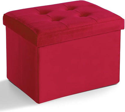 LINMAGCO Storage Ottoman Folding Foot Stool Velvet Foot Rest with Padded Modern Ottoman with Storage for Living Room Puppy Step Stool 17x13x13in(Neon Red)