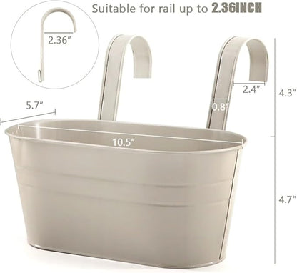 3 Pack Metal Railing Planters, 10.5" Oval Hanging Flower Pots with Detachable Hooks & Drainage Holes, Fits Rails up to 2.36", Galvanized Iron Fence Bucket for Balcony Garden Patio - Gray
