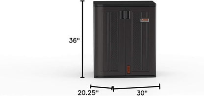 Suncast Heavy-Duty Resin Outdoor Storage Cabinet, 30" W x 20.25" D x 36" H Dark Grey Base Garage Storage Cabinet with Lockable Doors and Metal Reinforced Shelves, Made in The USA