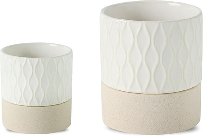 Nihow Self Watering Plant Pot for Indoor Plants: 4.5+6 Inch Ceramic Planter with Drainage Hole & Water Storage Plus - Cylinder Flower Pot with Wick for Herbs - Cream White & Brown Net