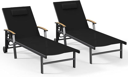 Ciokea Outdoor Lounge Chair with Pillow Set of 2, 5-Position Aluminum Chaise Lounge with Wheels & Armrests, 400 lbs Heavy Duty Patio Pool Chair for Backyard, Deck, Beach & Poolside, Black