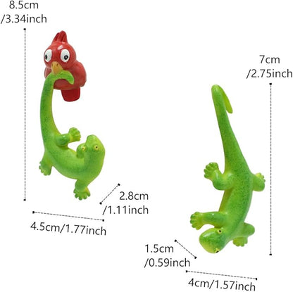 Set of 2 Funny Bird Catching Gecko Figurines Flower Pot and Vase Hugger, Resin Lizard Statue Garden Planter Pot Decorations, Terrarium Edge Hanger Ornaments