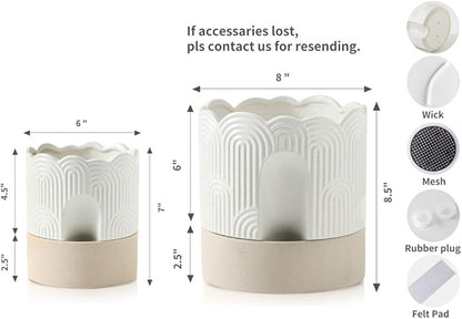Nihow Self Watering Plant Pot for Indoor Plants : 6 Inch & 8 Inch Ceramic Planter with Drainage Hole & Water Storage - Relief Design Beige & Nature Flower Pot -Set of 2