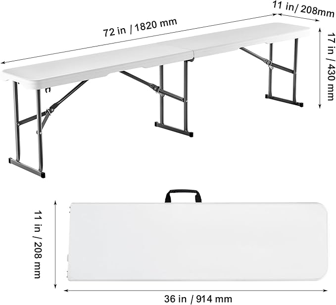 VEVOR Plastic Folding Bench, 6ft Portable Folding Bench, Smooth High Density Polyethylene Waterproof Outdoor Bench, Picnic Camping Table with Handle for Garden Soccer Playtime, White (2 Pack)