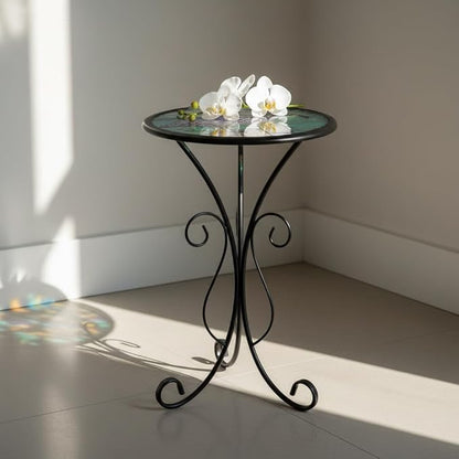 LIFFY Outdoor Side Table, 12" Glass Pelican Tabletop Patio Tables with Metal Frame, 21" Height Indoor Small Round Home Decorative Plant Stand Outside for Garden Patio Yard Porch