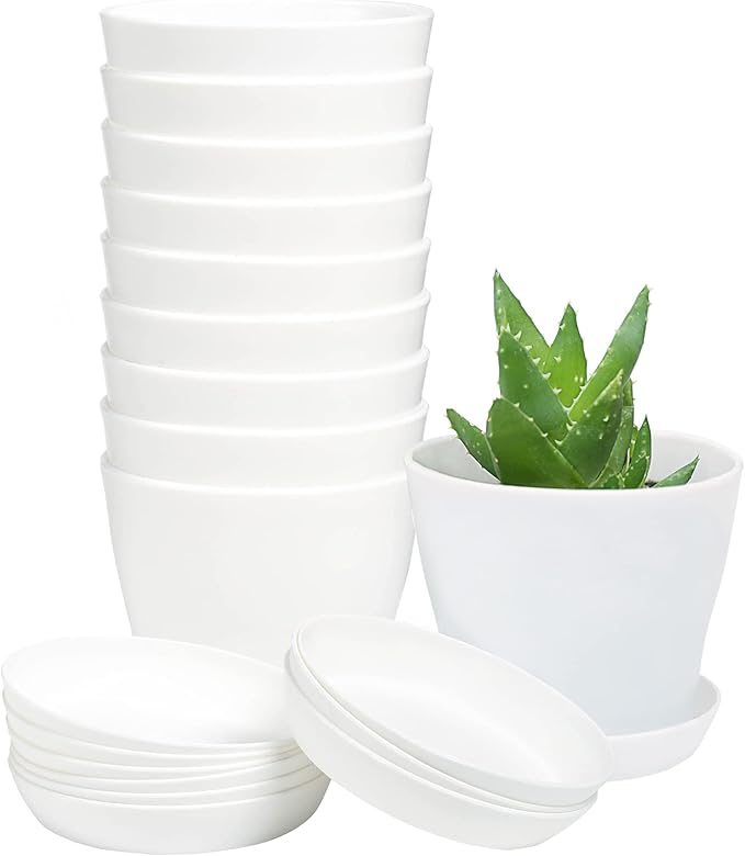 TDHDIKE 10 Pcs Plastic Planters Indoor Flower Plant Pots, Mini Flower Seedlings Nursery Pot/Planter/Flower Pot with Pallet, Modern Decorative Gardening Containers (White)