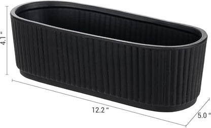 MyGift 12 Inch Ceramic Succulent Planter, Oval Matte Black Planter Pot with Drainage Holes, Indoor Plants Flower Herb Garden Pot Window Box
