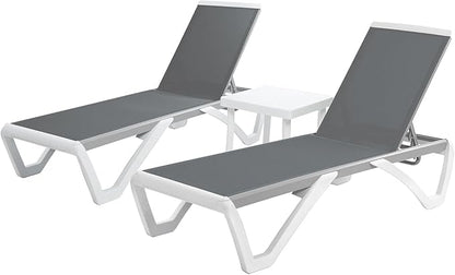 Kozyard Outdoor Chaise Lounge Chair, Full Flat Adjustable Patio Lounger with Aluminum Frame & Resin Legs, Textilene Fabric for Poolside, Backyard & Beach (Gray, 2Chairs with Table)