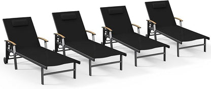 Ciokea Outdoor Lounge Chair with Pillow Set of 4, 5-Position Chaise Lounge with Wheels & Armrests, 400 lbs Heavy Duty Aluminum Pool Lounge Chairs, for Beach, Deck, Poolside & Backyard, Black