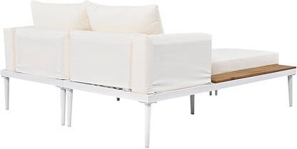 Polibi Patio Metal Daybed with Wood Topped Side Spaces for Drinks,Modern Outdoor Daybed 2 in 1 Padded Chaise Lounges for Poolside, Balcony, Deck,Beige