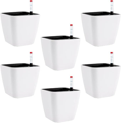 5.5 Inch Self Watering Plastic Planter With Indicator - 6 PCS Square Plant Pots, Decorative Lazy Flower Pot for House Plants, Herbs, Aloe, Succulents