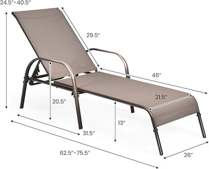 Giantex 2 Pack Patio Lounge Chair, Outdoor Chaise Lounge with 5 Adjustable Backrest, Sturdy Steel Frame, Sunbathing Recliner, Beach Chair, Tanning Chair for Outside, Yard, Balcony, Pool Chairs, Brown