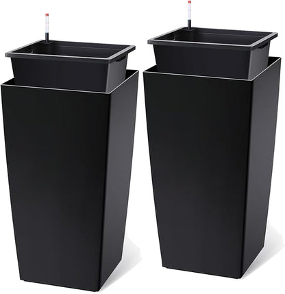 30 Inch Tall Self Watering Planters Set of 2, Outdoor Plant Pots with Automatic Watering System, Water Level Monitor, Drainage, Wheels & Inner Bucket, for Front Porch & Indoor Plants Black