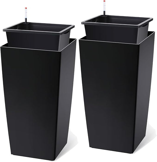 30 Inch Tall Self Watering Planters Set of 2, Outdoor Plant Pots with Automatic Watering System, Water Level Monitor, Drainage, Wheels & Inner Bucket, for Front Porch & Indoor Plants Black