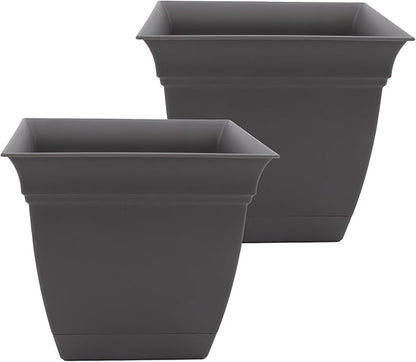 The HC Companies 10 Inch Eclipse Square Planter Pots with Drainage Holes & Attached Saucer, Lightweight UV-Resistant Plastic Indoor Outdoor Planters, 2-Pack Flower Pots, Garden Home Decor, Warm Gray