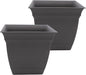 The HC Companies 10 Inch Eclipse Square Planter Pots with Drainage Holes & Attached Saucer, Lightweight UV-Resistant Plastic Indoor Outdoor Planters, 2-Pack Flower Pots, Garden Home Decor, Warm Gray