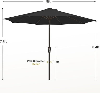 MEWAY 9ft Patio Umbrella Outdoor Table Umbrellas with Push Button Tilt and Crank, Market Umbrella 8 Sturdy Ribs for Deck, Garden, Pool and Backyard, Black