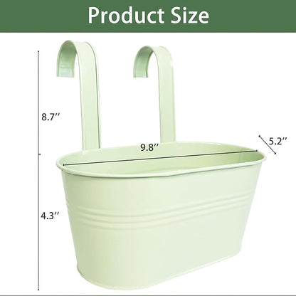 Balcony Hanging Planters Flower Pots, 10" Metal Flower Pots for Outdoor Balcony Rails, Fence Pot Hanging Plant Holders with Detachable Hooks for Garden Patio Yard Decor (Mint Green, 2Pcs)