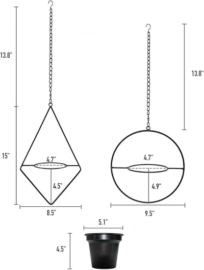 Metal Hanging Planters, Modern Plant Hanger with 5 inch Flower Pot, Set of 2 Black Plant Holder in Diamond and Round Shape, Small Wall and Ceiling Planter for Indoor Plants, Home Décor