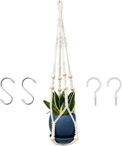 RIFNY Macrame Plant Hanger Indoor, 35 Inch Hanging Plant Holder with Hooks, Large Boho Hanging Basket Plant Hanger for Wall Window Ceiling Plants Decor (White, 1PC)